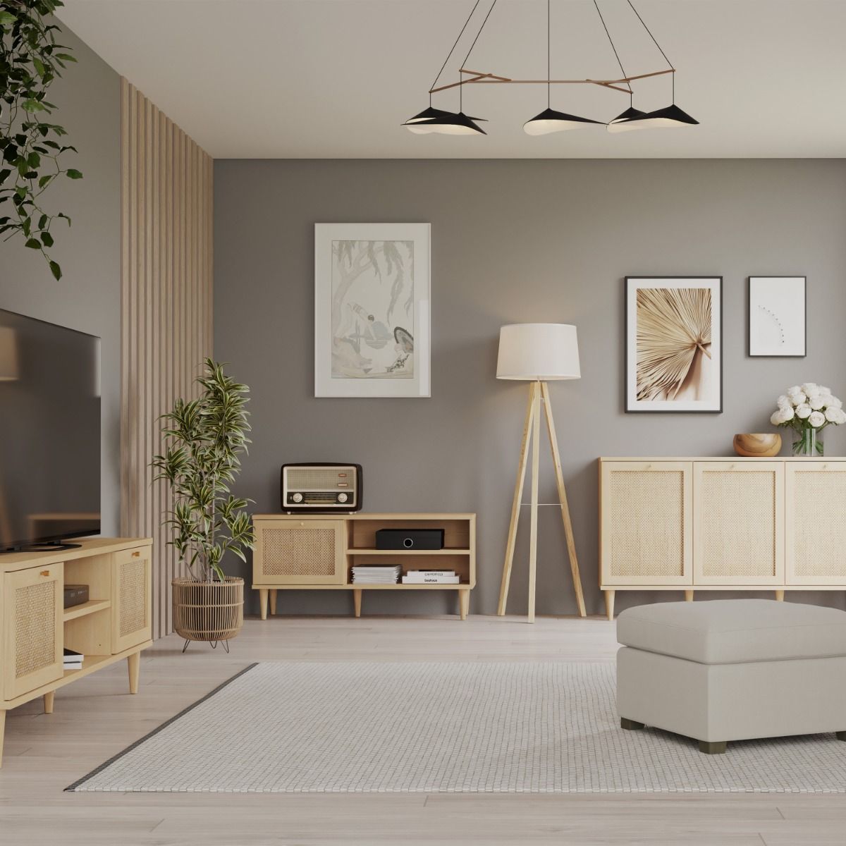 Wooden TV Stand With 1 Door And Rattan Effect Front - Calasetta