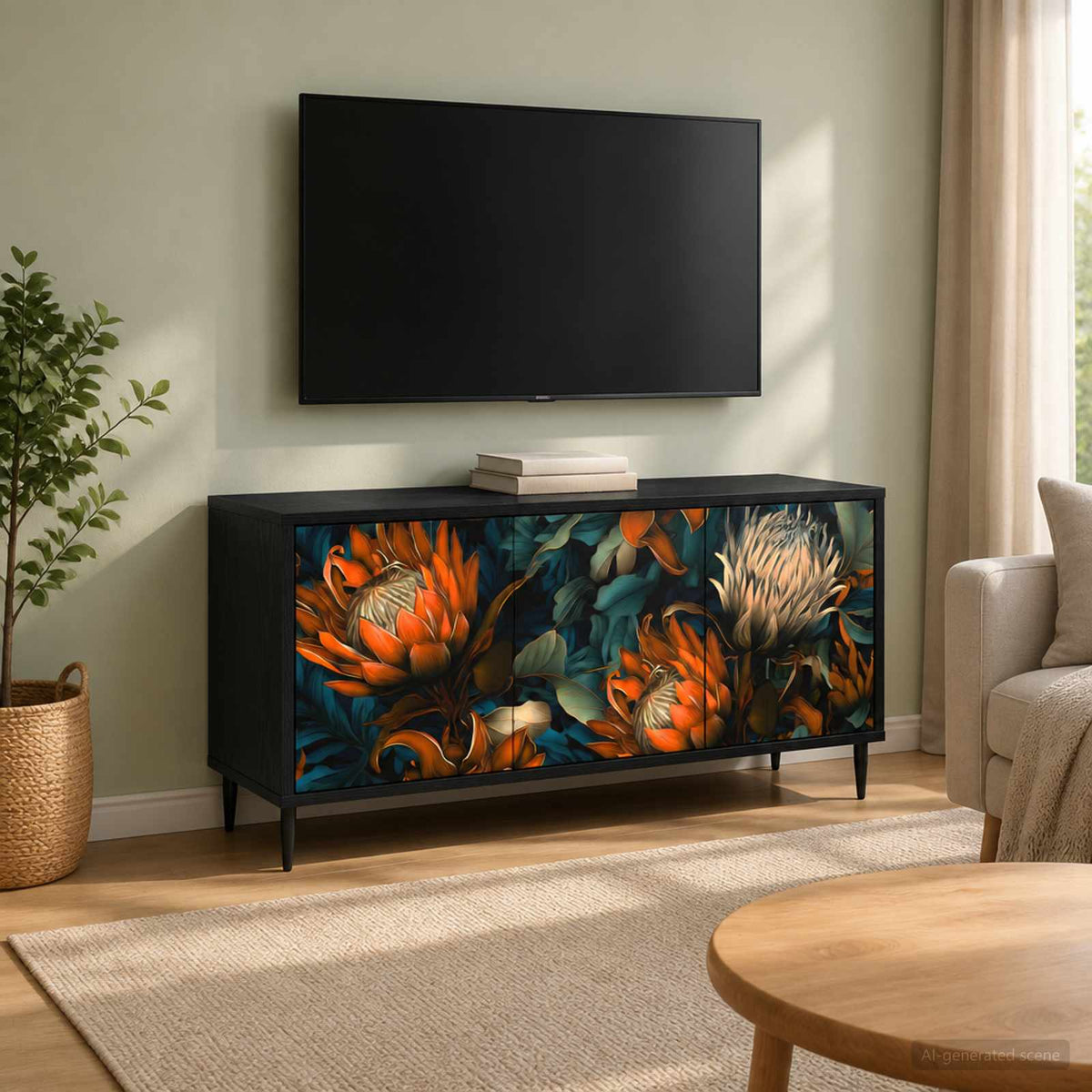 Wooden TV Stand 102cm Wide With 3 Doors And Raised Feet - Lochem