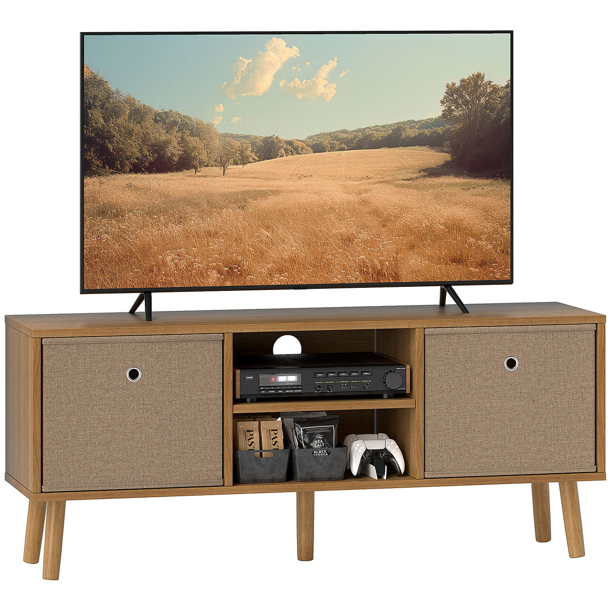 Wooden TV Stand 110cm Wide With Foldable Drawers - Velmora