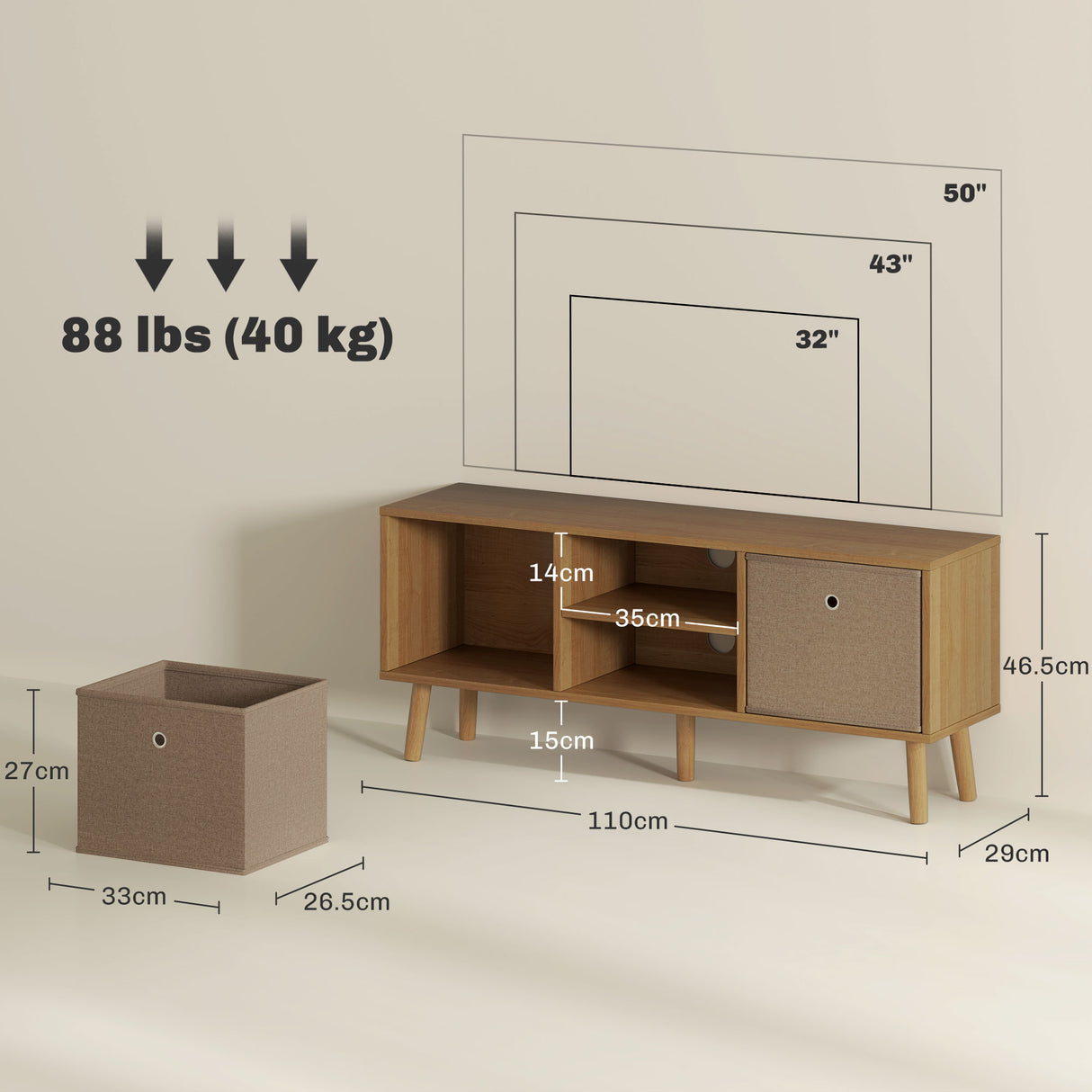 Wooden TV Stand 110cm Wide With Foldable Drawers - Velmora