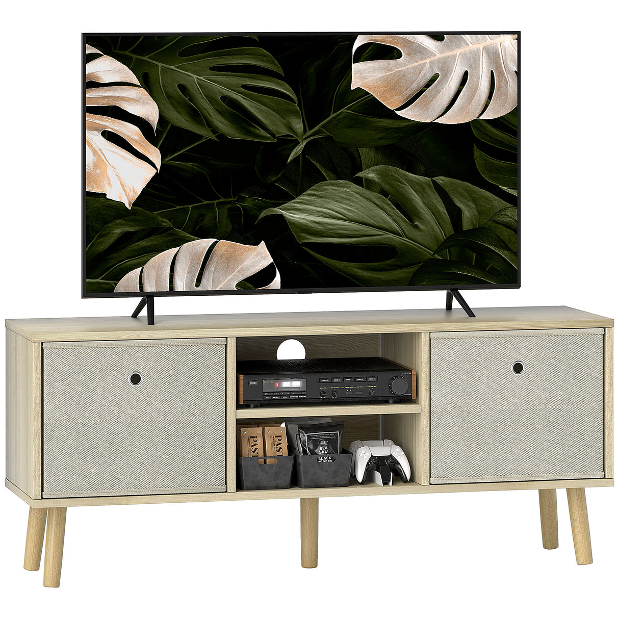 Wooden TV Stand 110cm Wide With Foldable Drawers - Velmora
