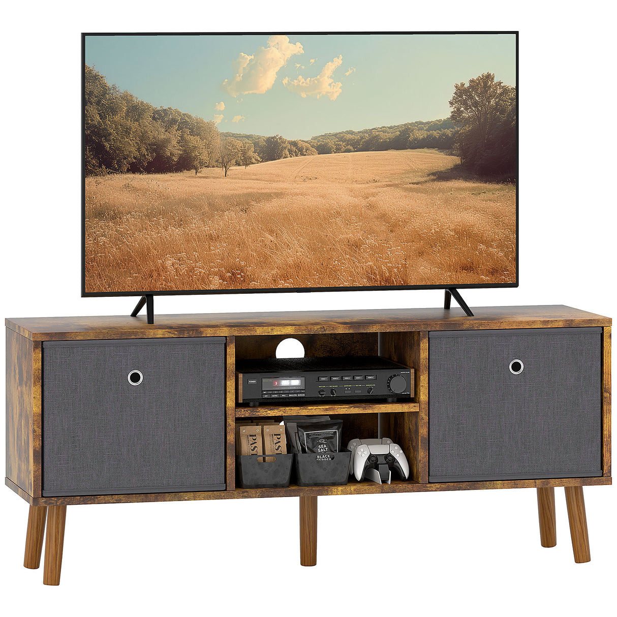 Wooden TV Stand 110cm Wide With Foldable Drawers - Velmora