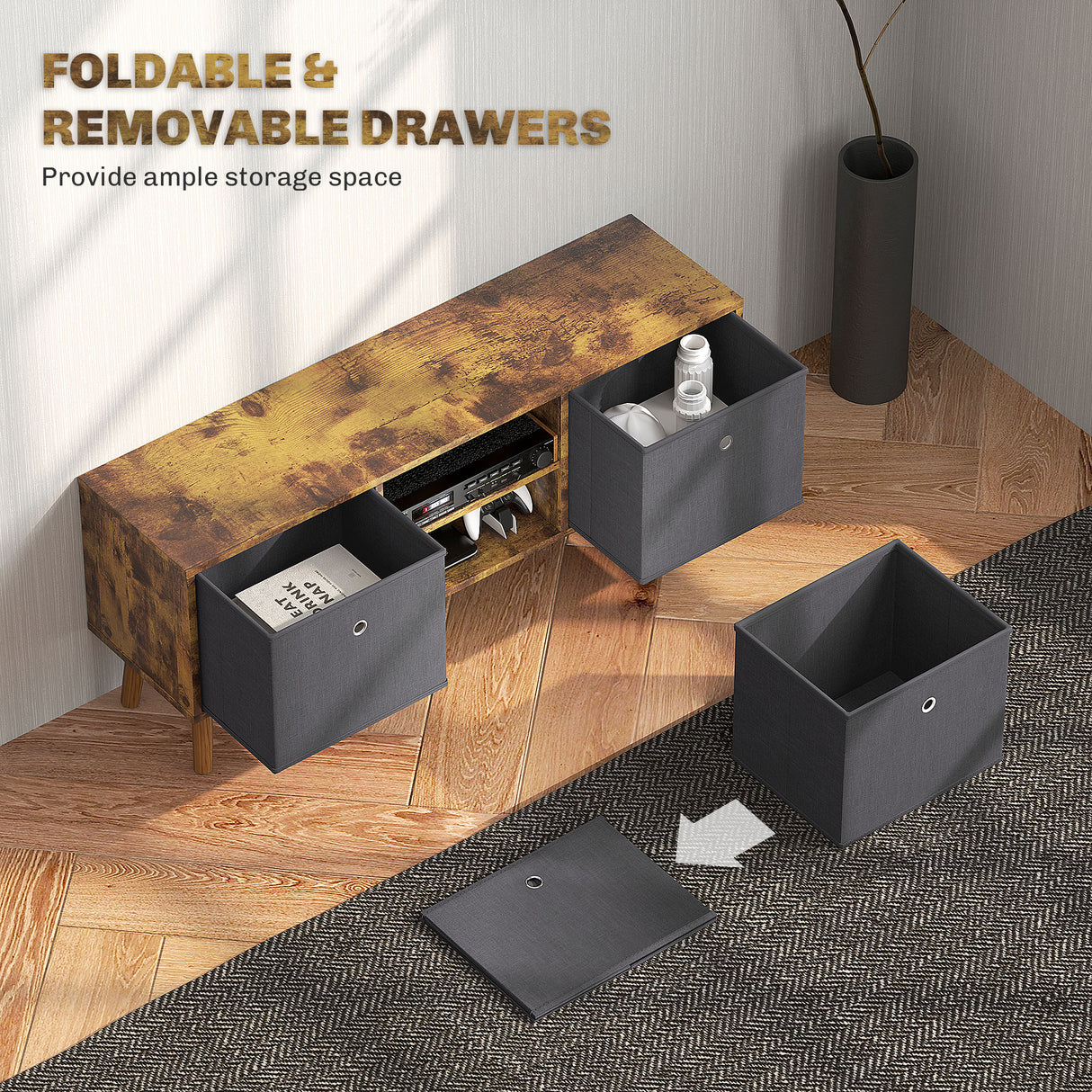 Wooden TV Stand 110cm Wide With Foldable Drawers - Velmora