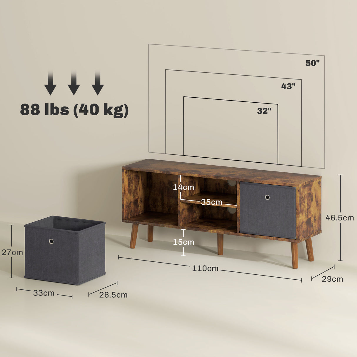 Wooden TV Stand 110cm Wide With Foldable Drawers - Velmora