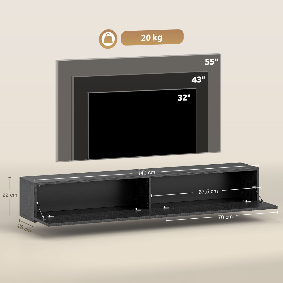 Wooden TV Stand 140cm Wide Wall Hung - Velmora