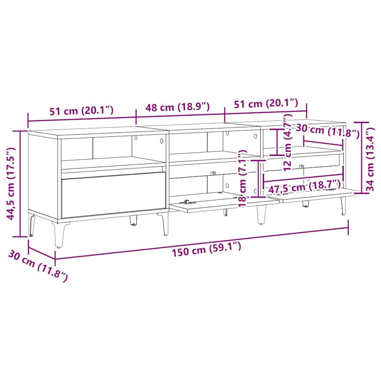 Wooden TV Stand 150cm Wide With 3 Flap Doors - Vantage Home