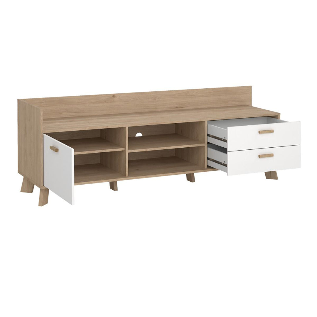Wooden TV Stand With 2 Doors And 1 Drawer In White Fronts - Ikast