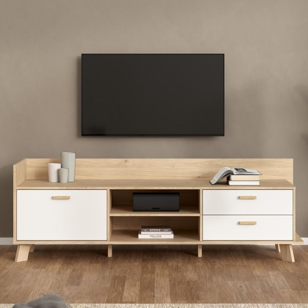Wooden TV Stand With 2 Doors And 1 Drawer In White Fronts - Ikast