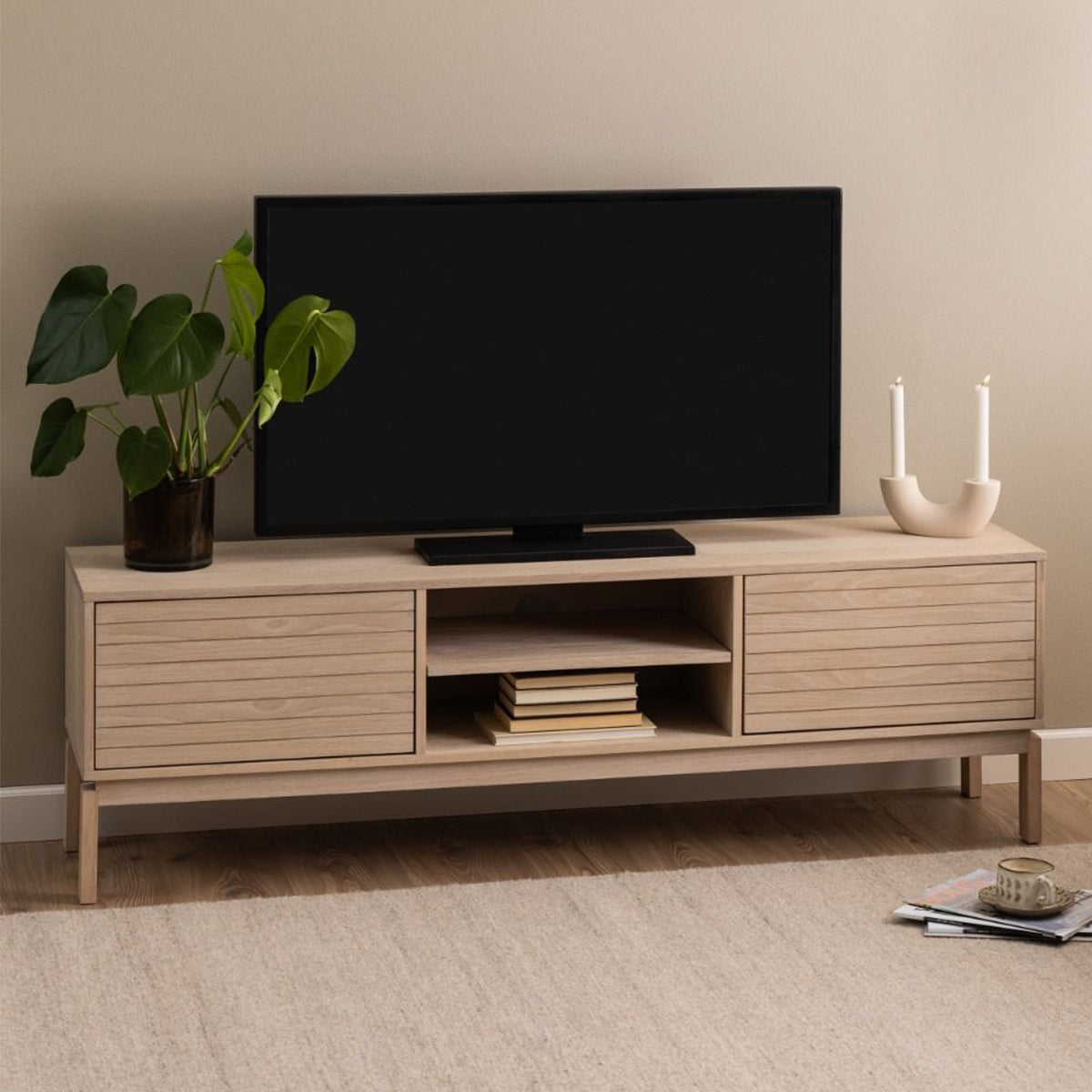 Wooden TV Stand With 2 Doors And Shelf - Linley