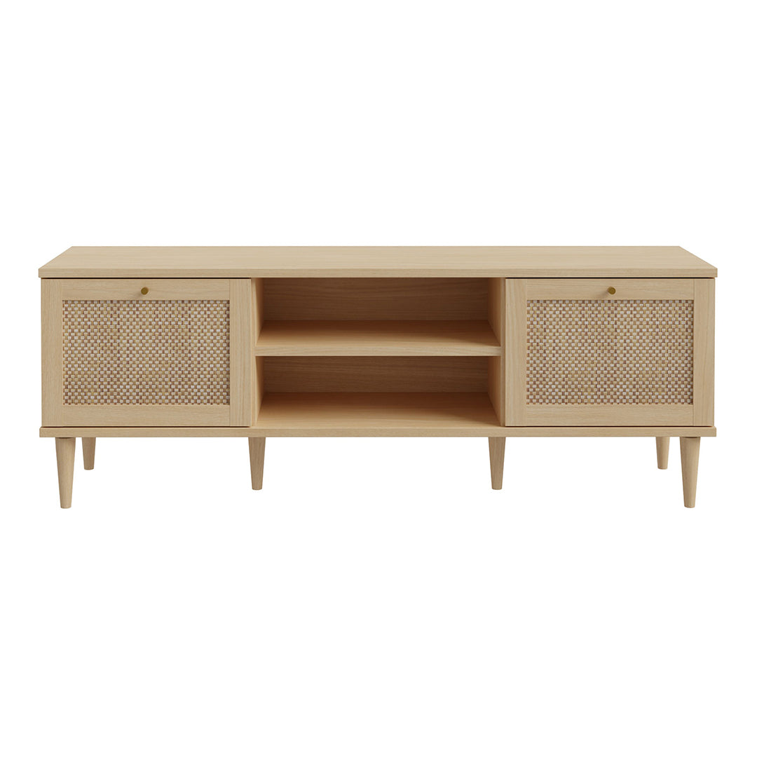 Wooden TV Stand With 2 Doors And Rattan Effect Front - Calasetta