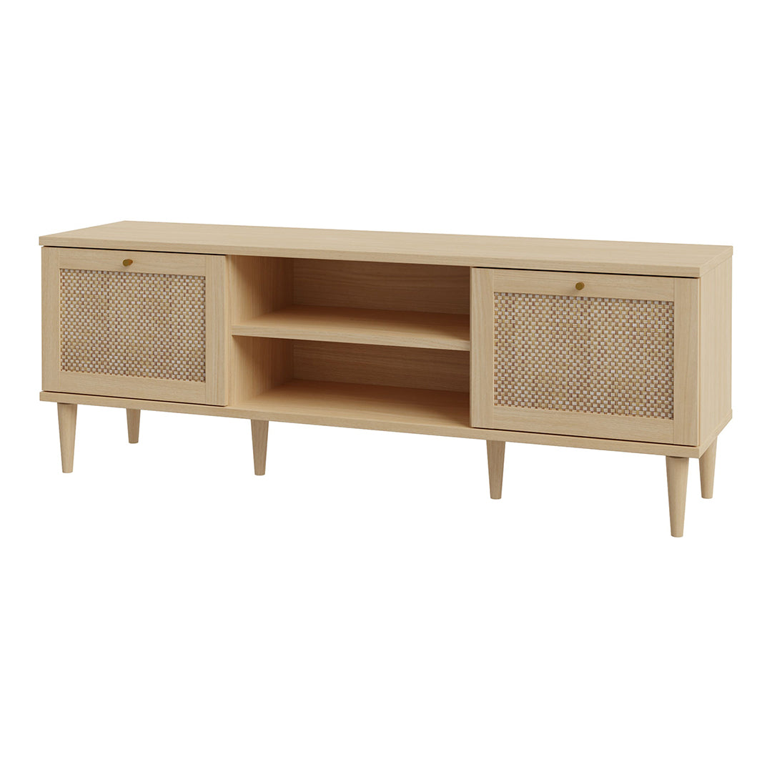 Wooden TV Stand With 2 Doors And Rattan Effect Front - Calasetta
