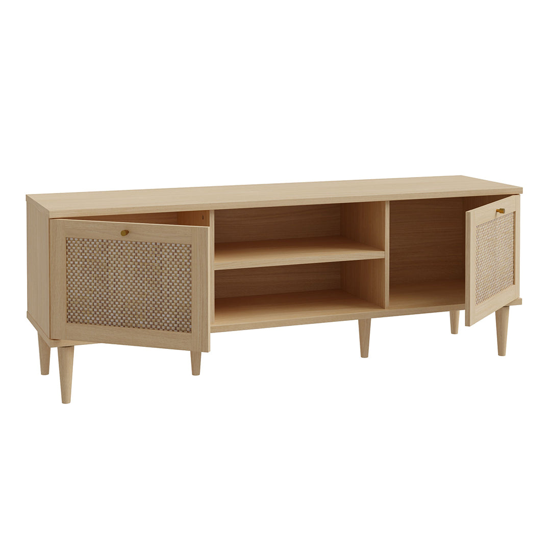 Wooden TV Stand With 2 Doors And Rattan Effect Front - Calasetta