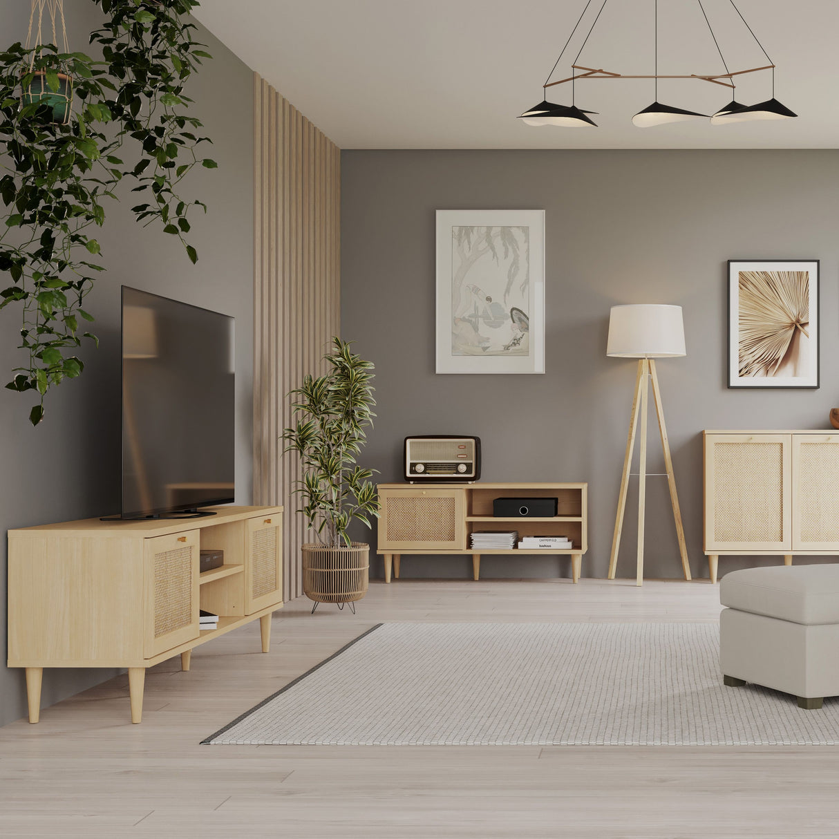 Wooden TV Stand With 2 Doors And Rattan Effect Front - Calasetta