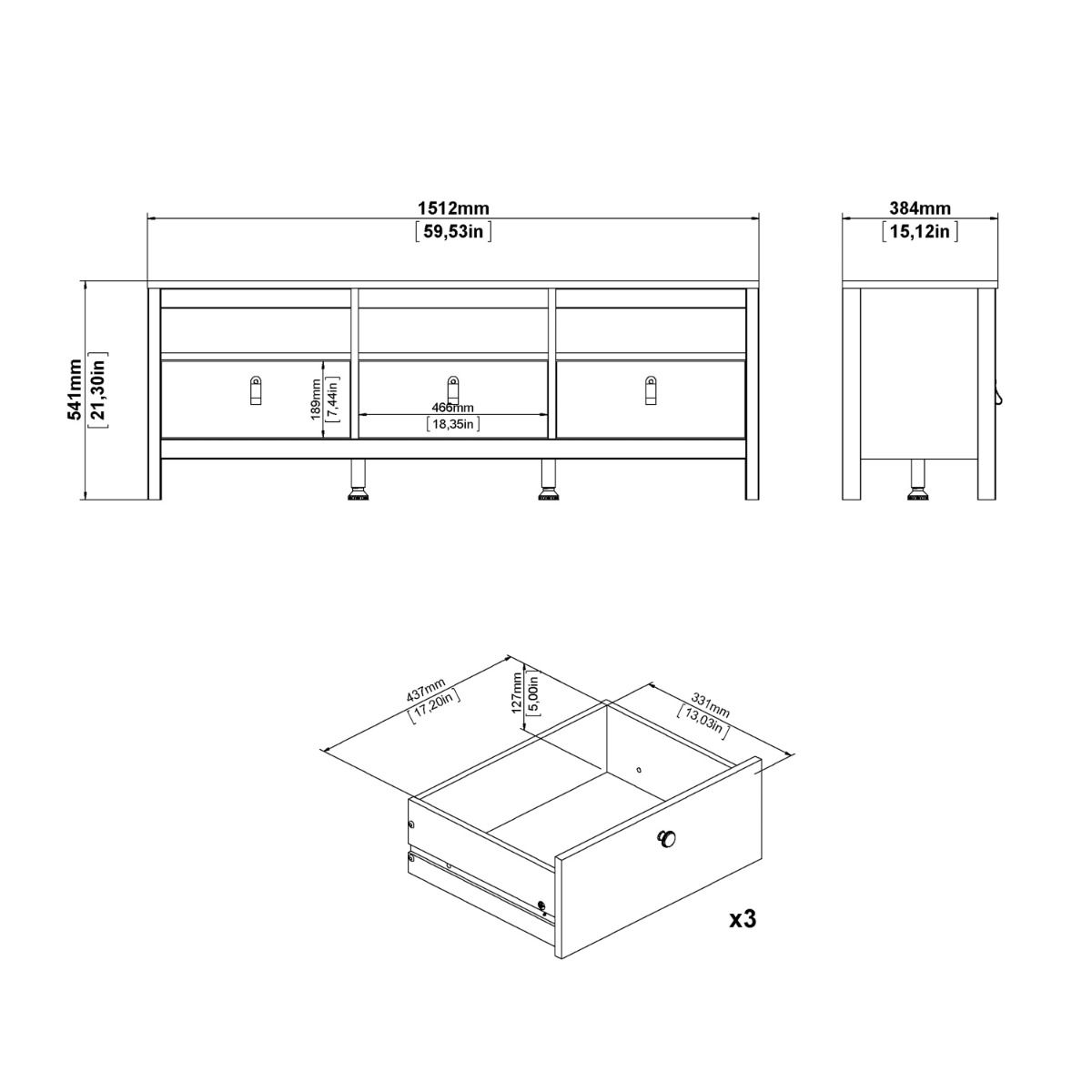 Wooden TV Stand With 3 Drawers - Madrid
