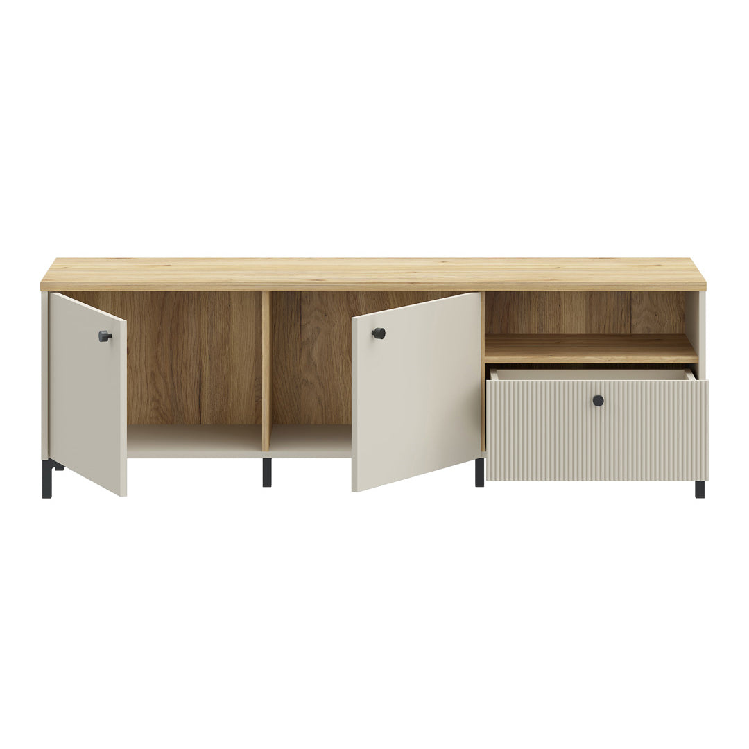 Wooden TV Stand 152.8cm Wide With 2 Doors And 1 Fluted Drawer - Bixbite