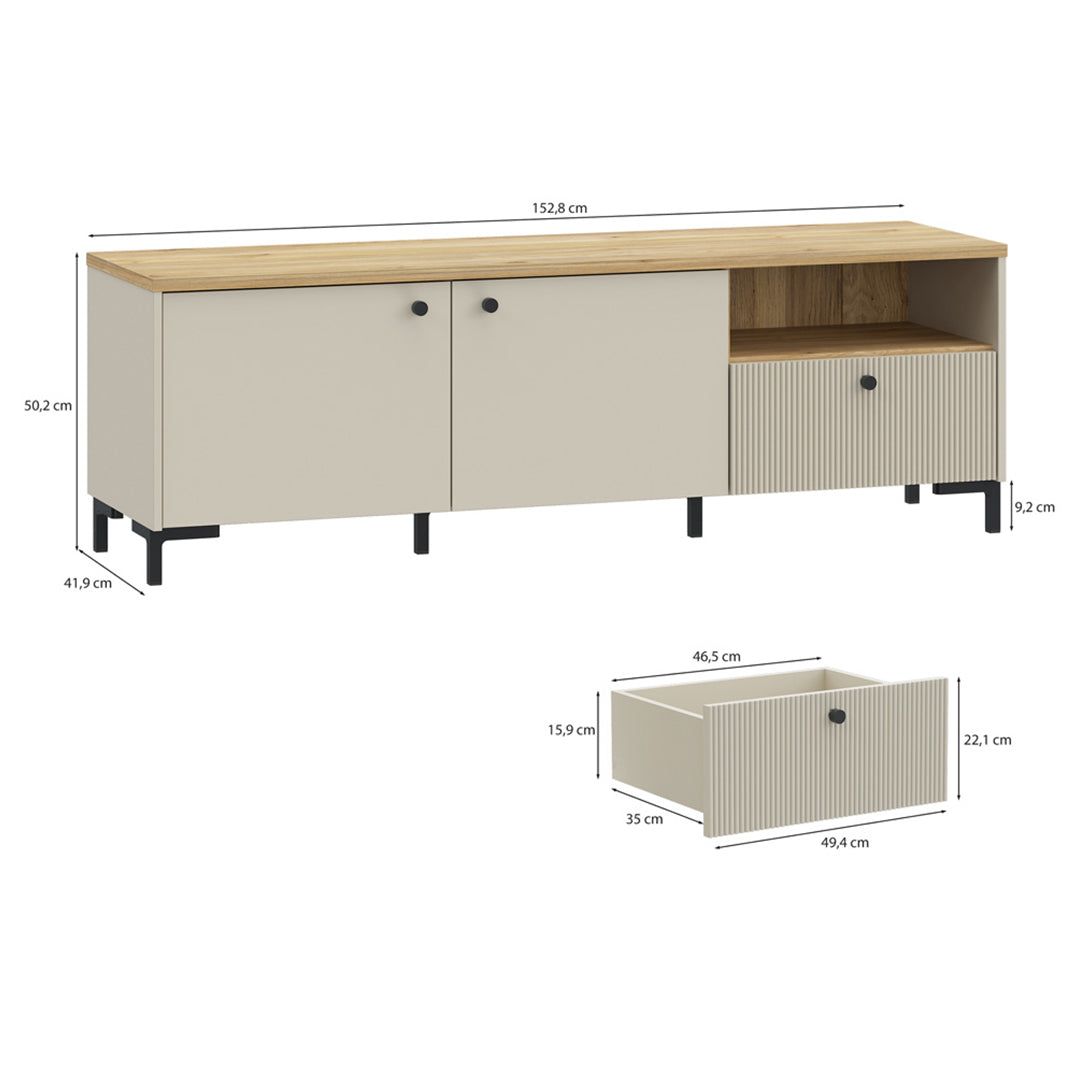 Wooden TV Stand 152.8cm Wide With 2 Doors And 1 Fluted Drawer - Bixbite