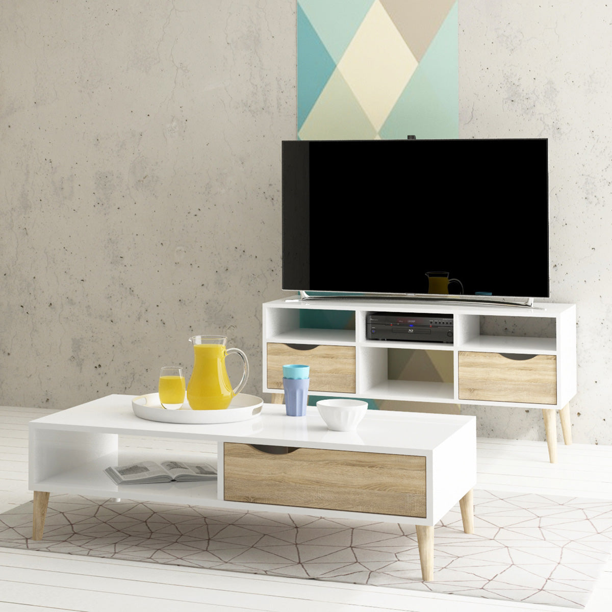 Wooden TV Stand Wide With 2 Drawers And 4 Shelves - Oslo