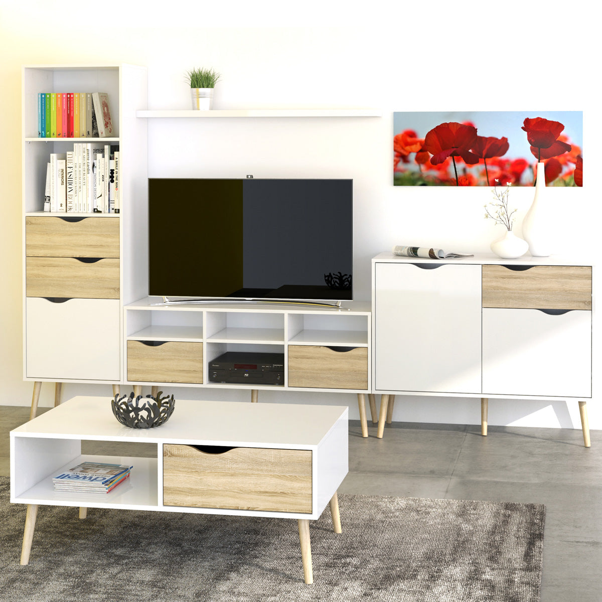 Wooden TV Stand Wide With 2 Drawers And 4 Shelves - Oslo