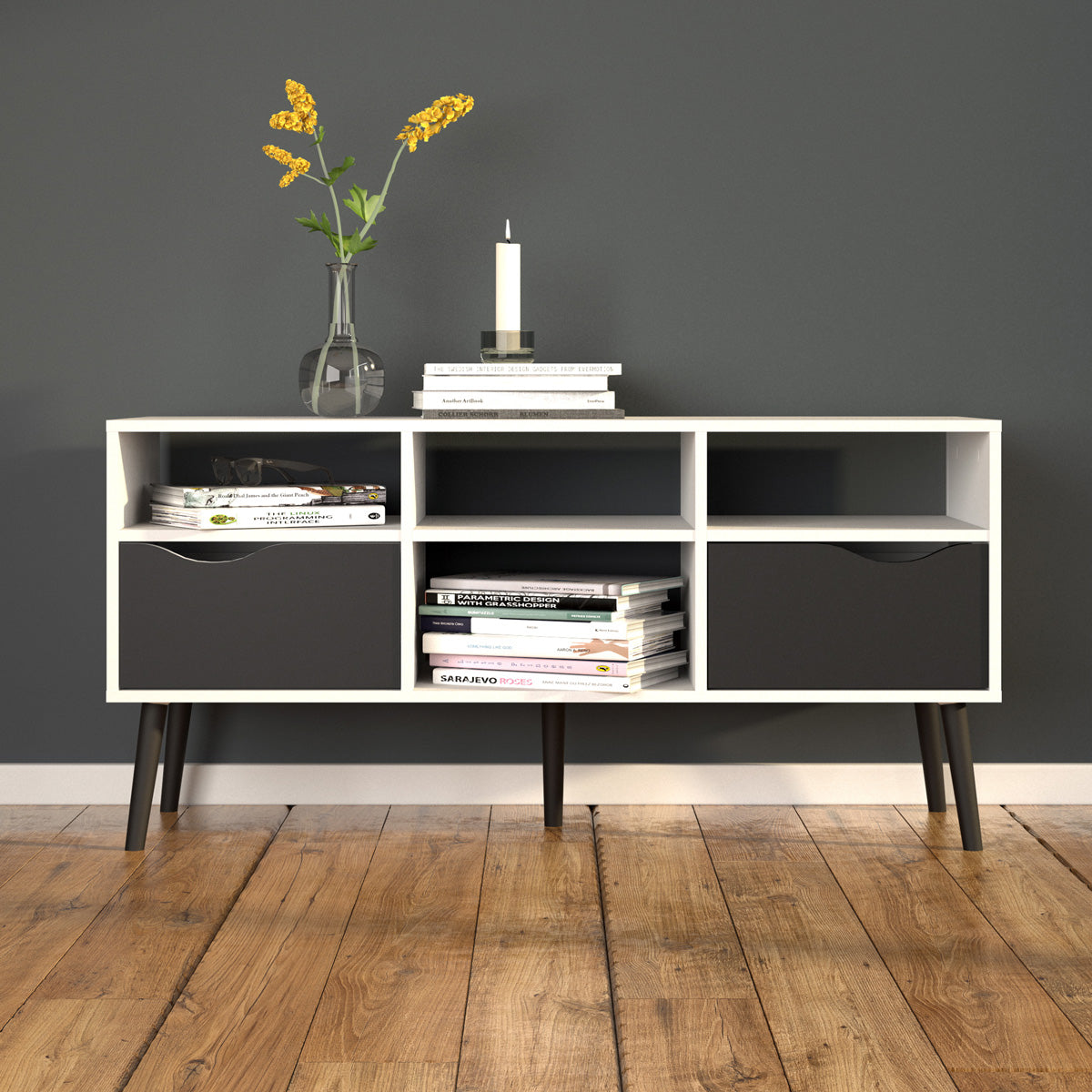 Wooden TV Stand Wide With 2 Drawers And 4 Shelves - Oslo