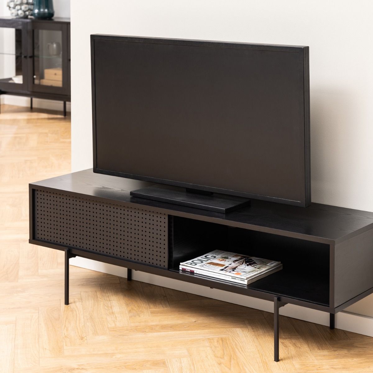 Wooden TV Stand With 1 Mesh Sliding Door - Angus