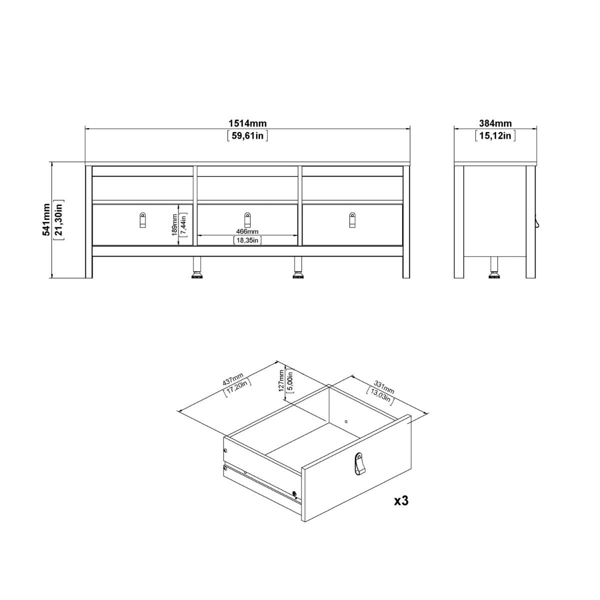 Wooden TV Stand With 3 Drawers - Barcelona