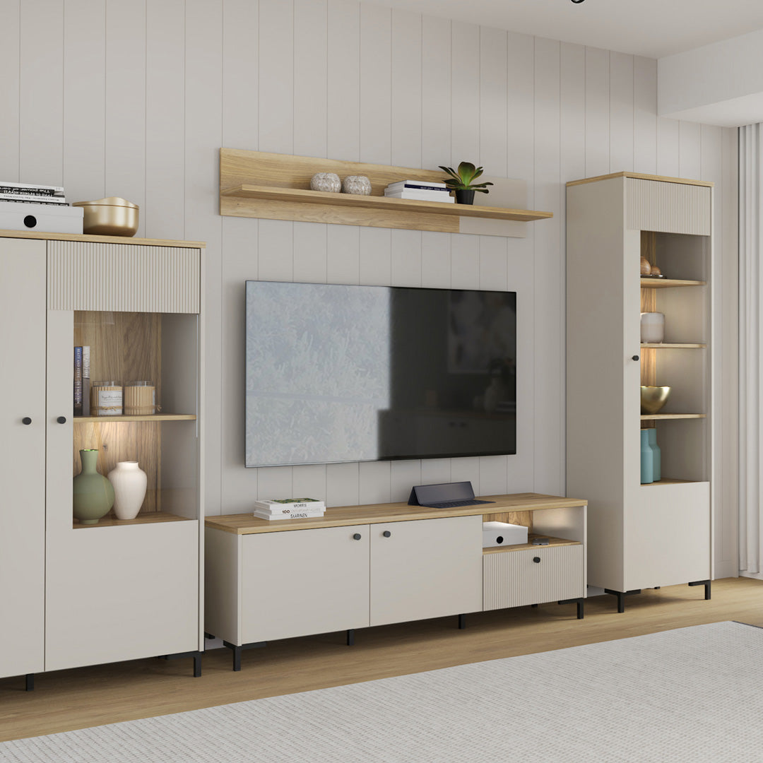 Wooden Wall Shelf 140cm Wide With Sliding Panel - Bixbite
