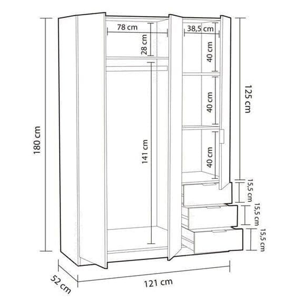 Wooden Wardrobe 121cm Wide With 3 Doors And 3 Drawers - Carmel