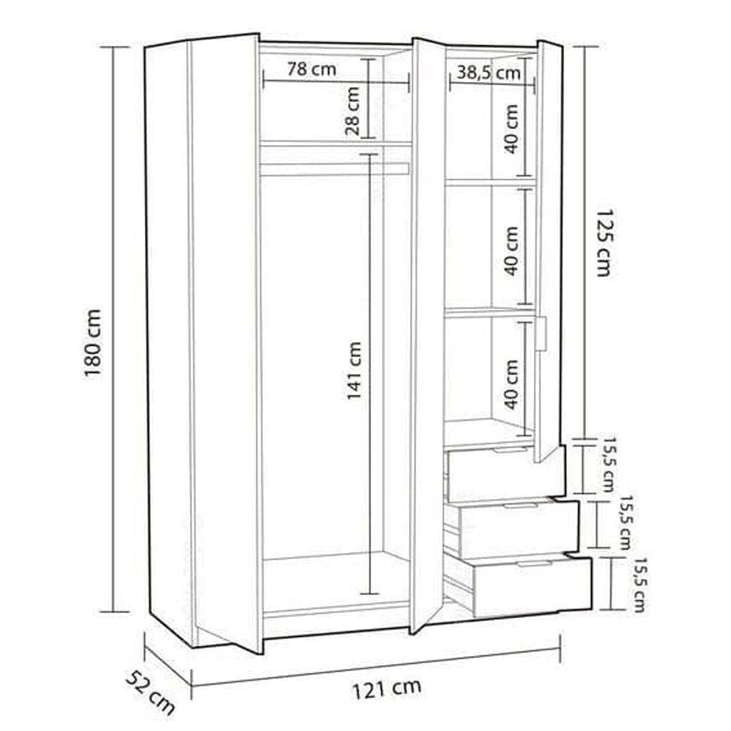 Wooden Wardrobe 121cm Wide With 3 Doors And 3 Drawers - Carmel
