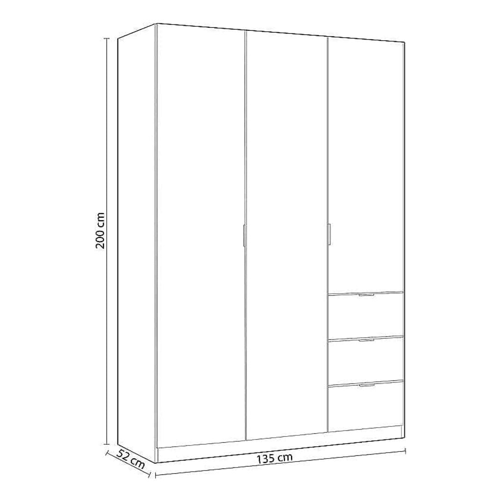 Wooden Wardrobe 135cm Wide With 3 Doors And 3 Drawers - Carmel