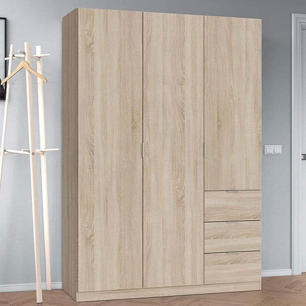 Wooden Wardrobe 135cm Wide With 3 Doors And 3 Drawers - Carmel