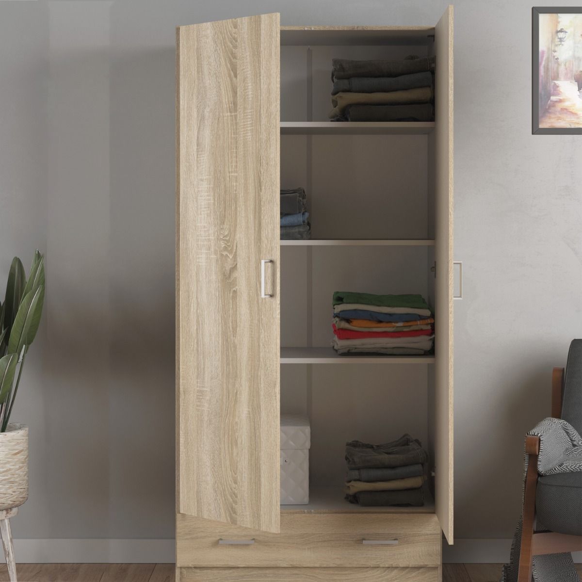 Wooden Wardrobe 170cm High With 2 Doors And 1 Drawer - Space