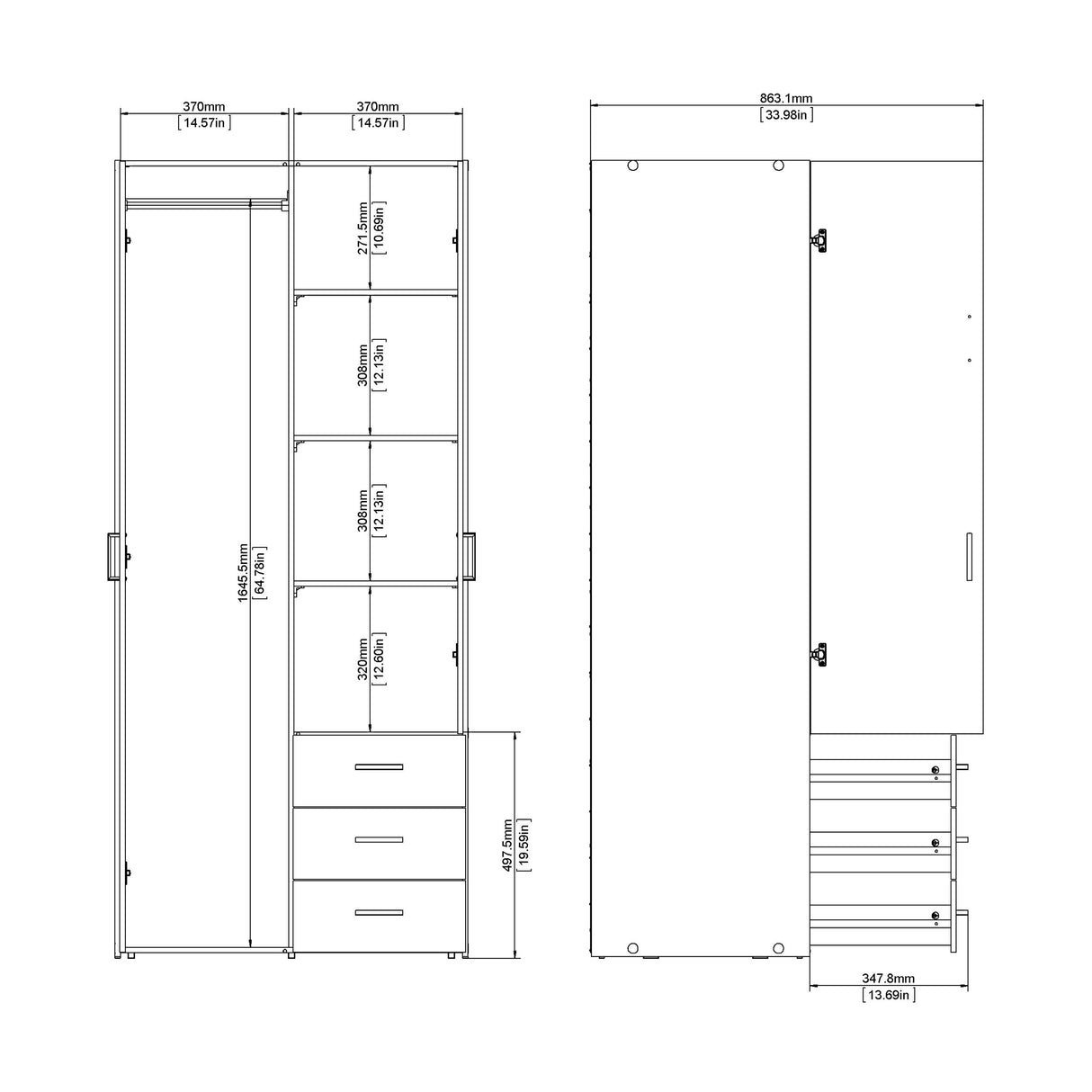 Wooden Wardrobe 175cm High With 2 Doors And 3 Drawers - Space