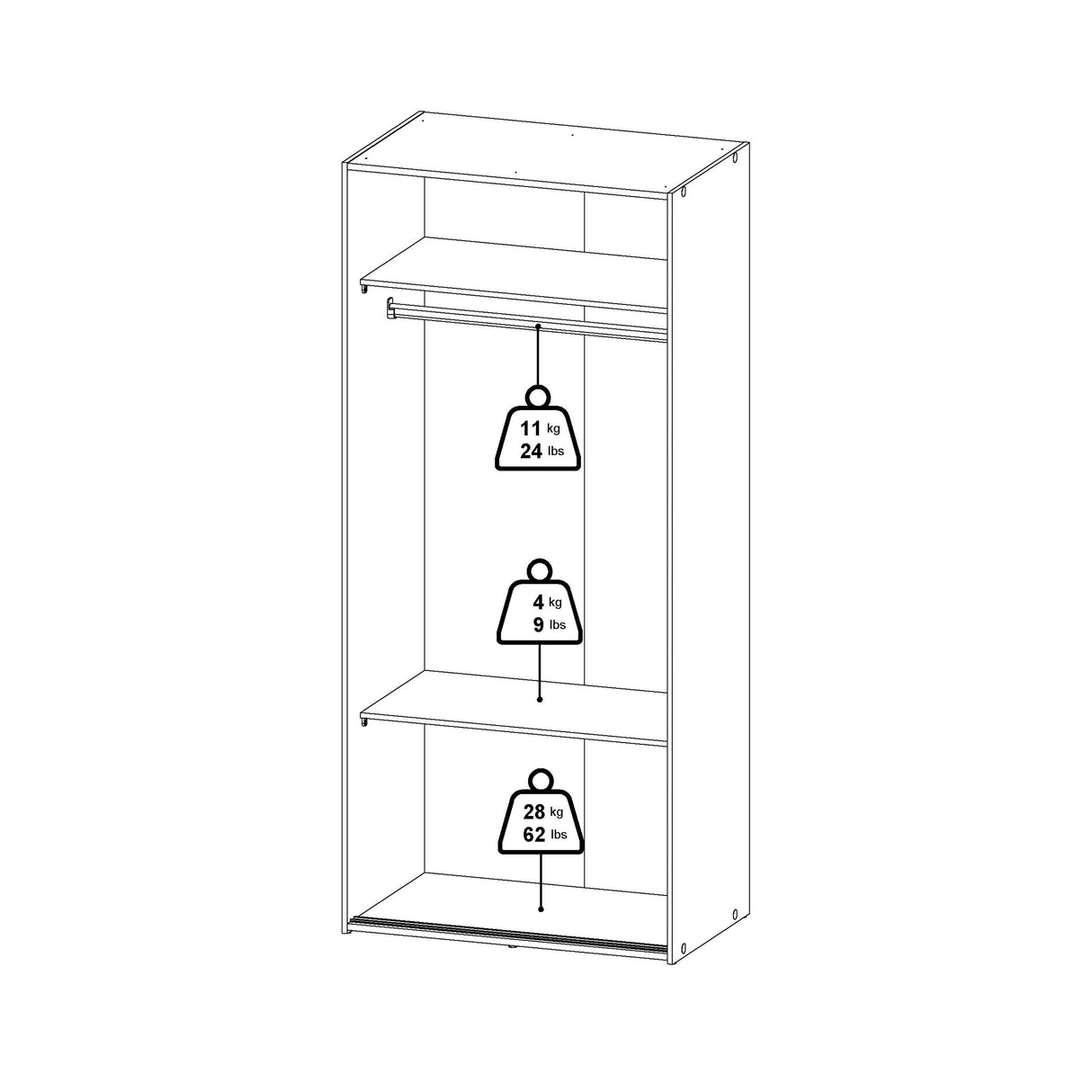 Wooden Wardrobe 175cm High With 2 Sliding Doors - Space