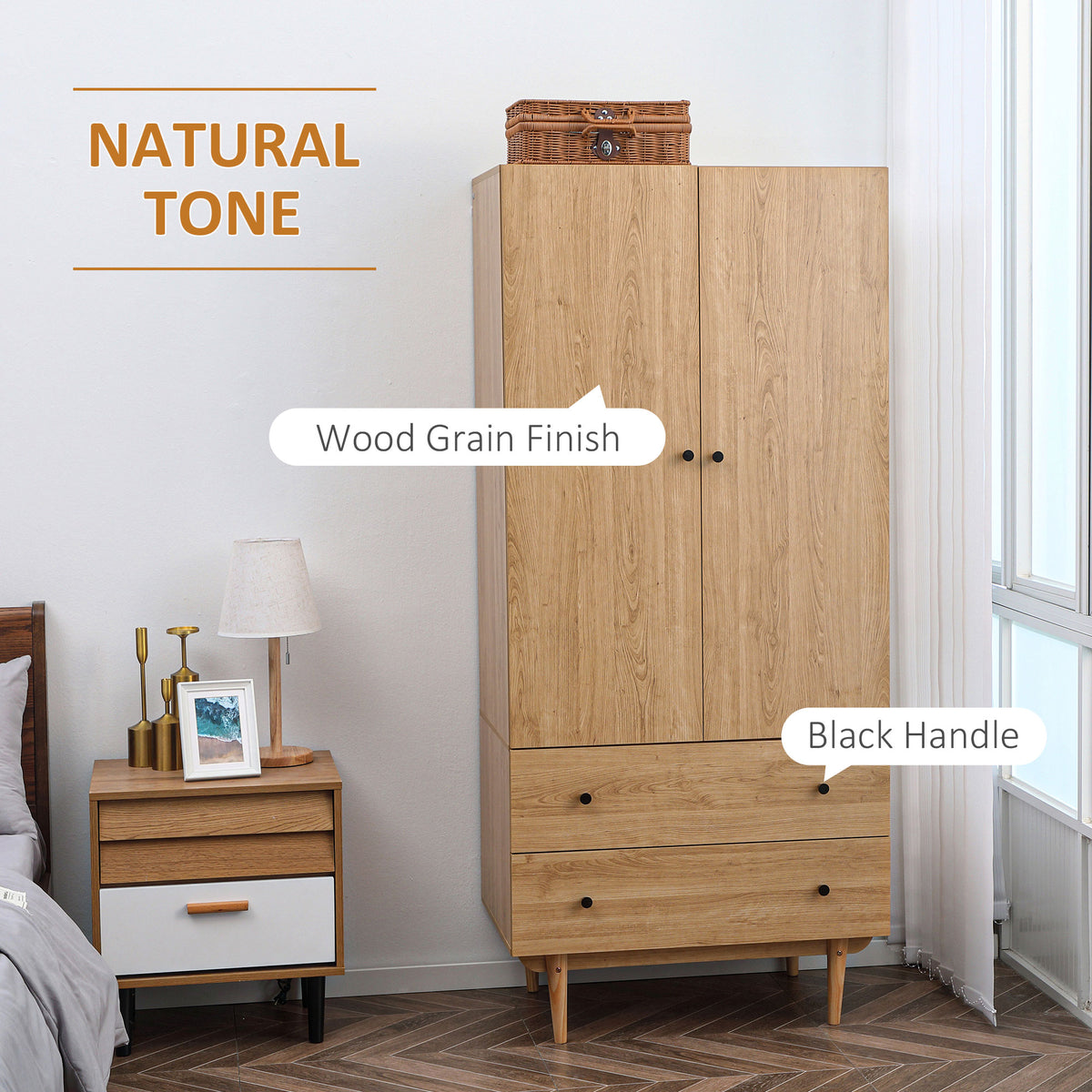 Wooden Wardrobe 180cm H x 80cm W With 2 Doors And 2 Drawers - Velmora