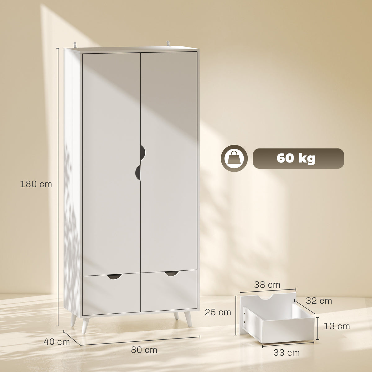 Wooden Wardrobe 180cm H x 80cm W x 40cm D With 2 Doors And 2 Drawers - Velmora