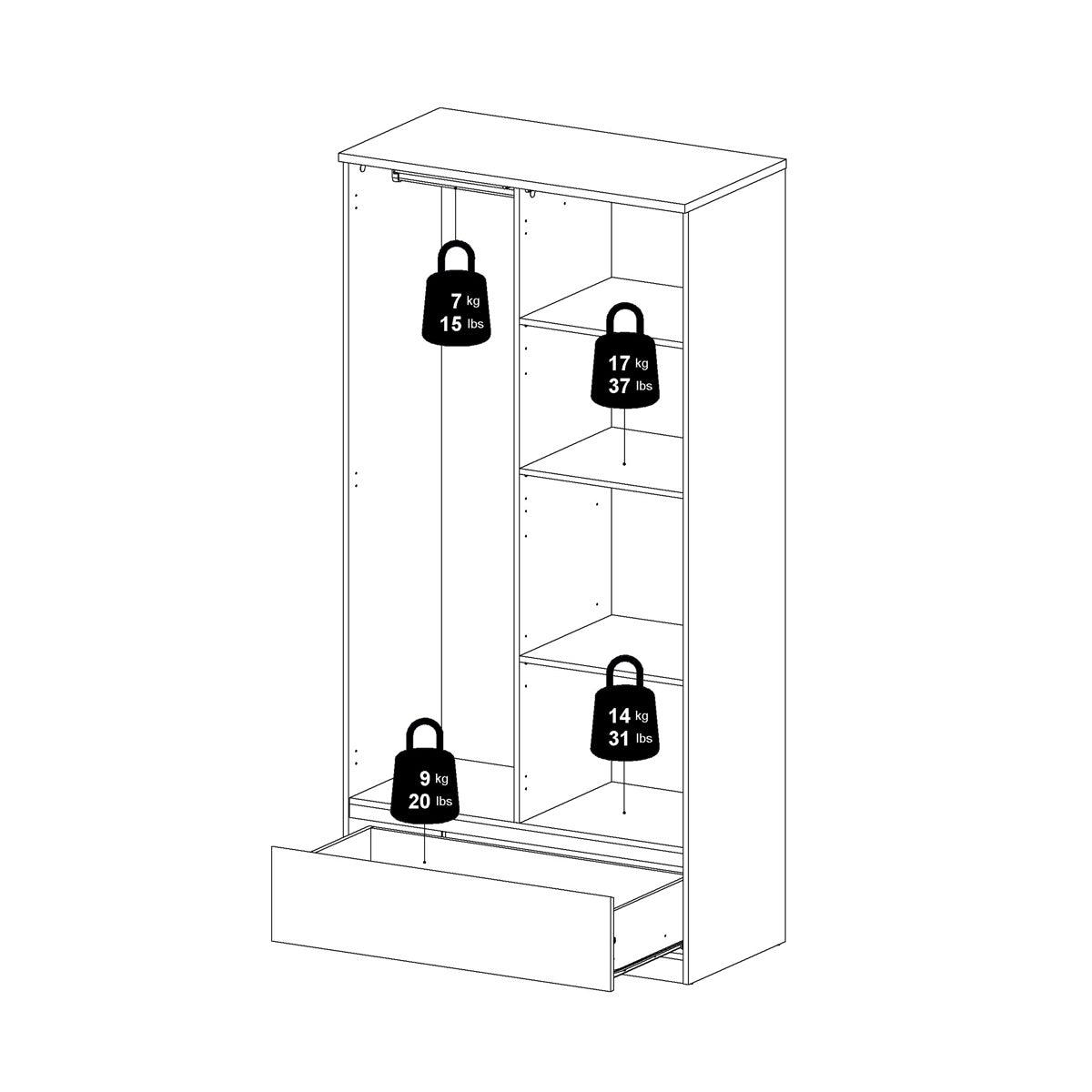 Wooden Wardrobe With 2 Doors And 1 Drawer - Naia