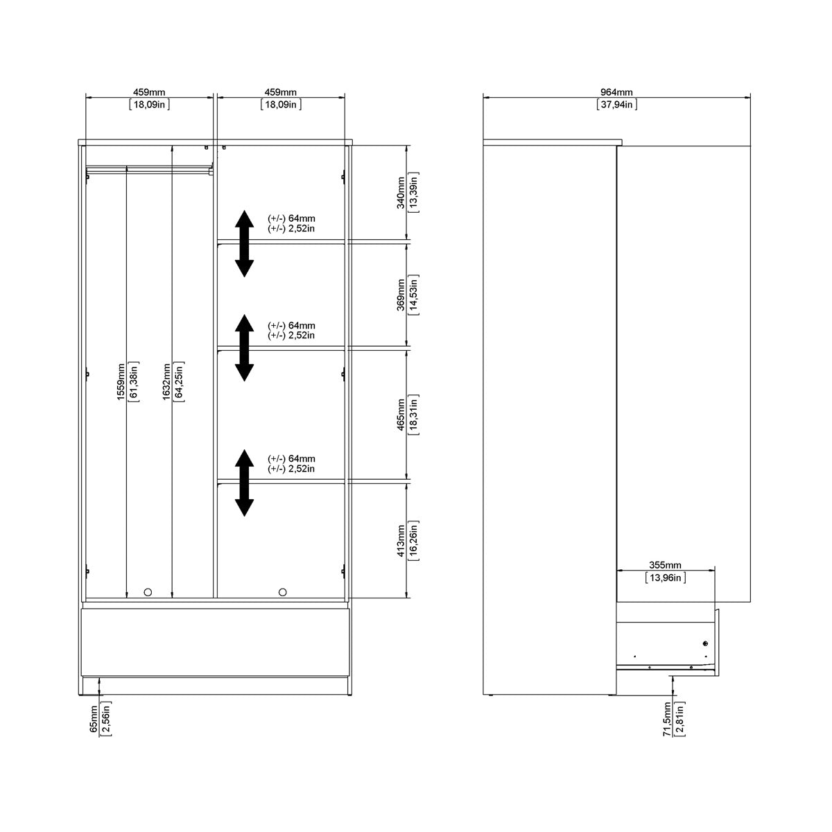 Wooden Wardrobe With 2 Doors And 1 Drawer - Naia