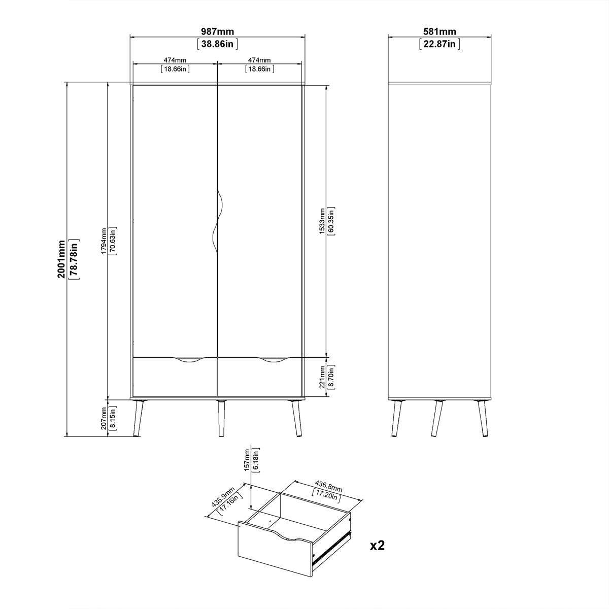 Wooden Wardrobe With 2 Doors And 2 Drawers - Oslo