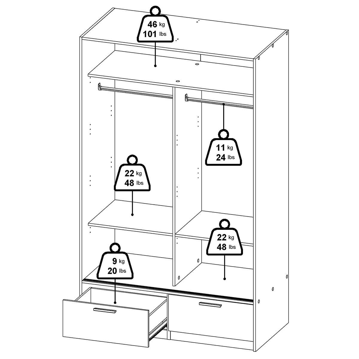 Wooden Wardrobe With 2 Sliding Doors And 2 Drawers - Line