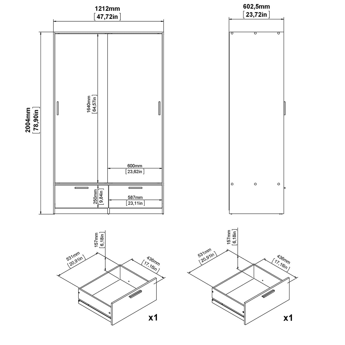 Wooden Wardrobe With 2 Sliding Doors And 2 Drawers - Line