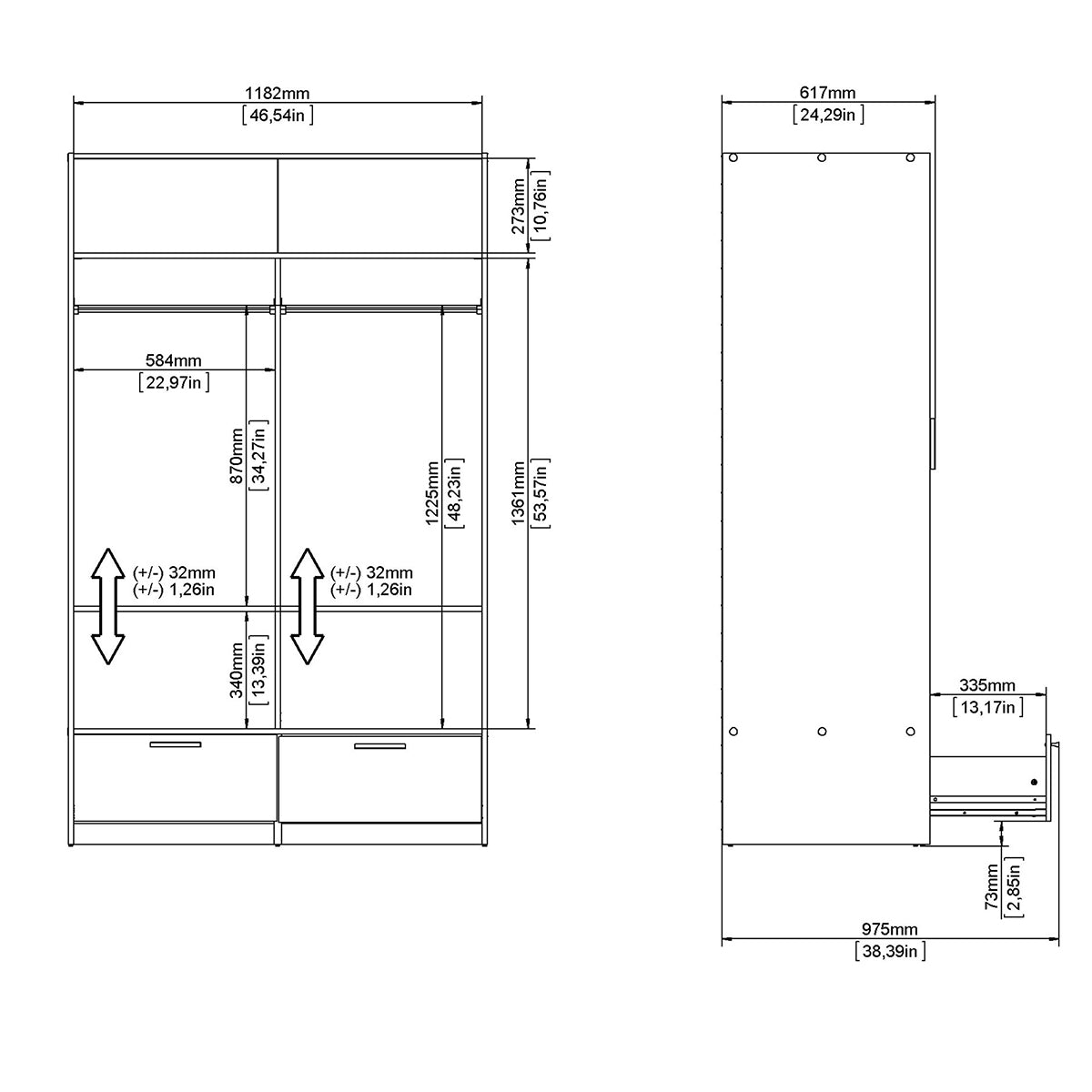 Wooden Wardrobe With 2 Sliding Doors And 2 Drawers - Line