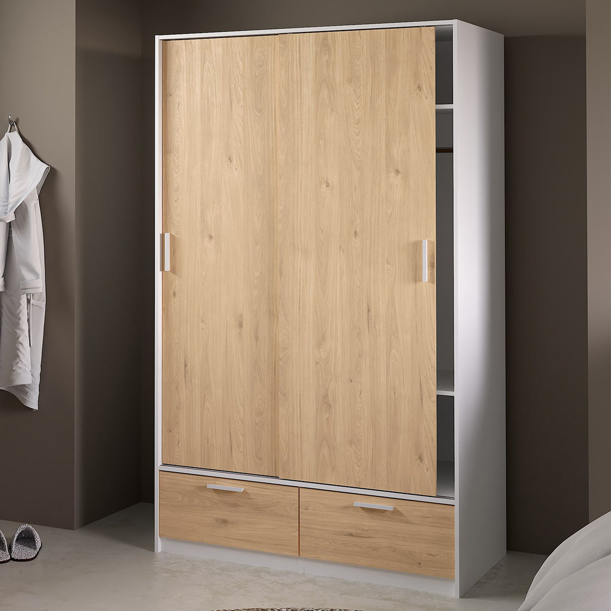 Wooden Wardrobe With 2 Sliding Doors And 2 Drawers - Line
