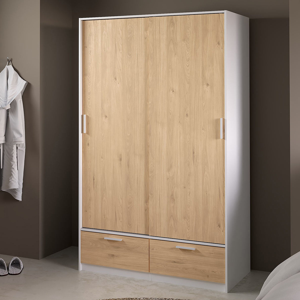 Wooden Wardrobe With 2 Sliding Doors And 2 Drawers - Line