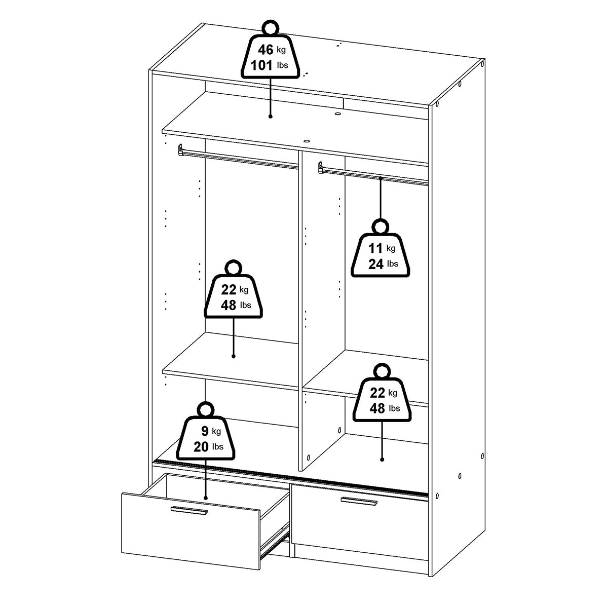 Wooden Wardrobe With 2 Sliding Doors And 2 Drawers - Line