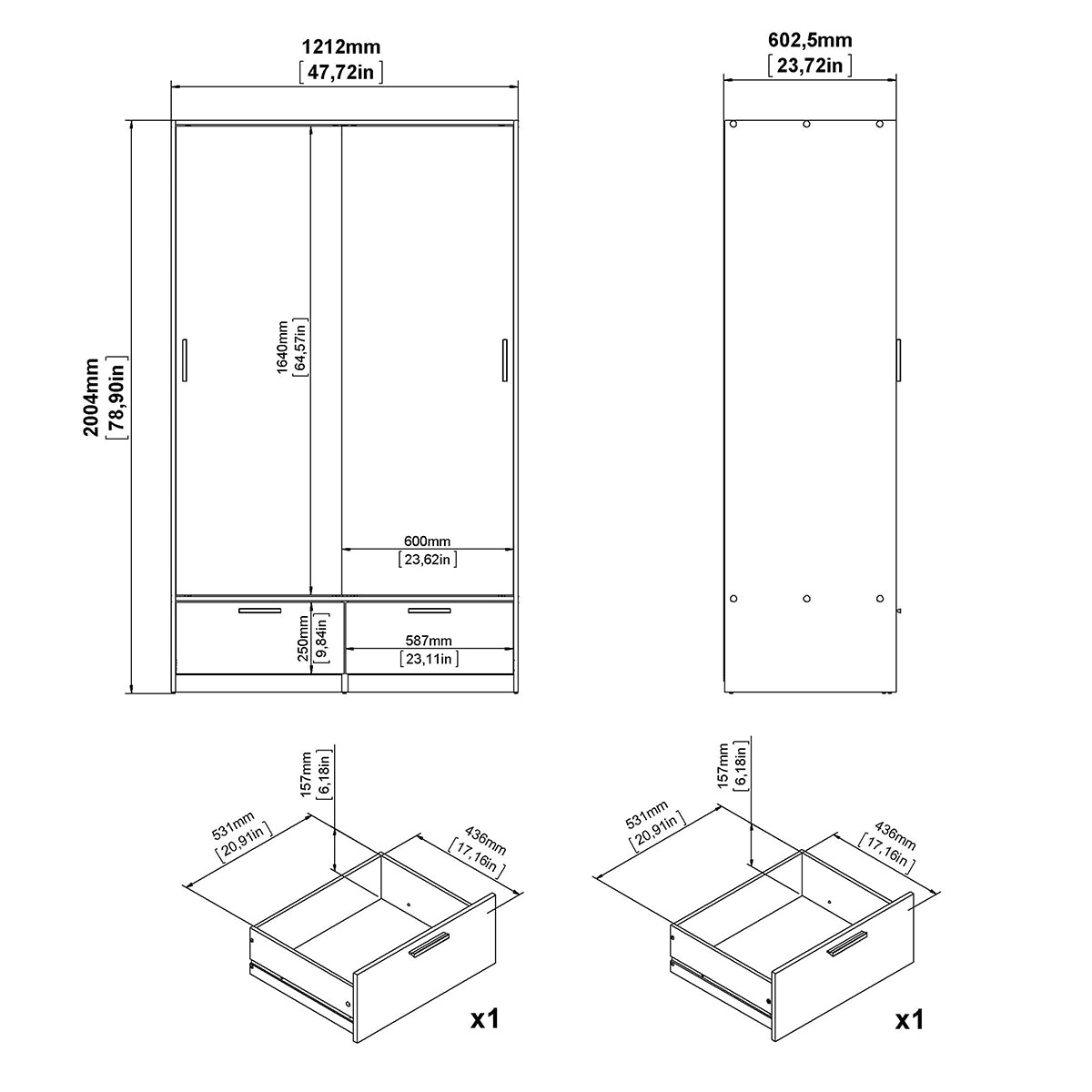 Wooden Wardrobe With 2 Sliding Doors And 2 Drawers - Line