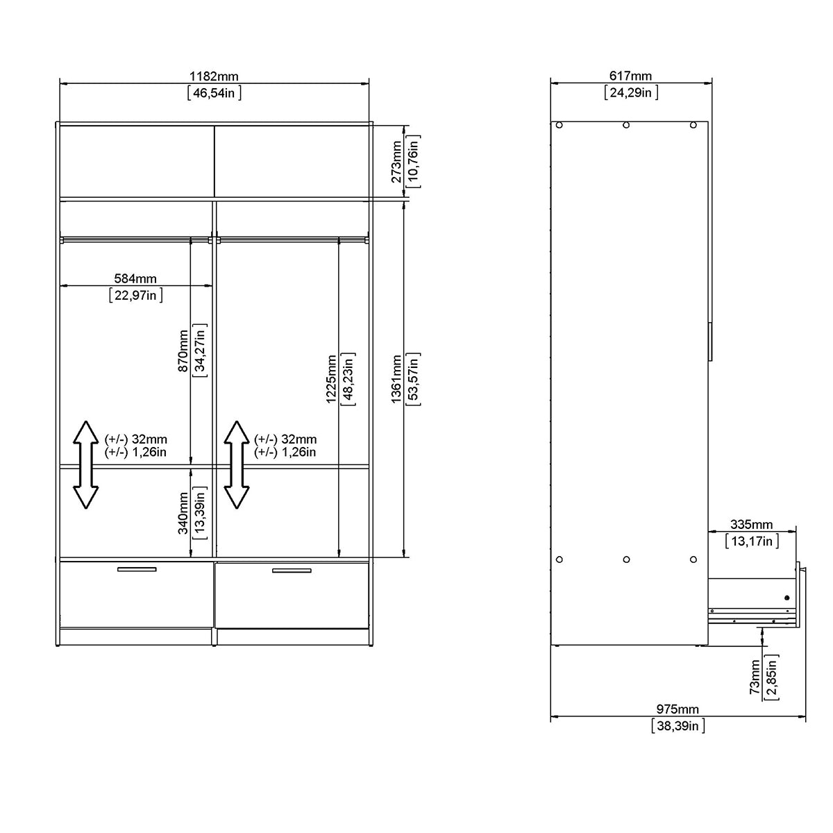 Wooden Wardrobe With 2 Sliding Doors And 2 Drawers - Line