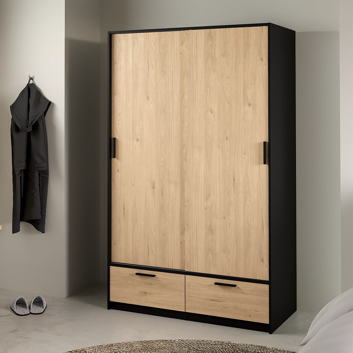 Wooden Wardrobe With 2 Sliding Doors And 2 Drawers - Line