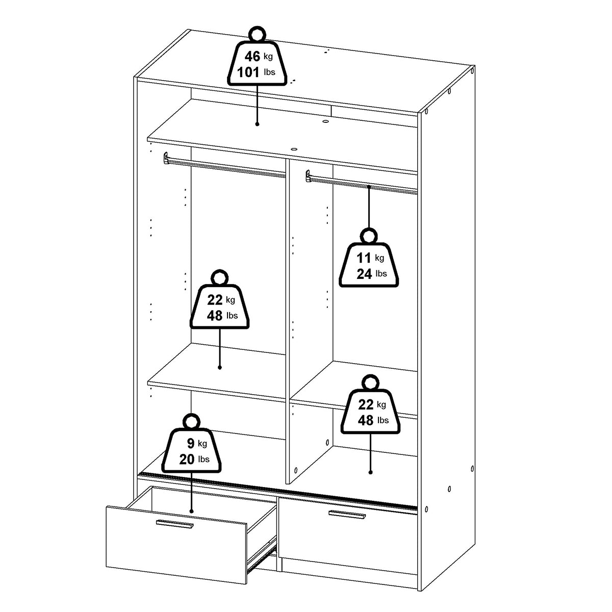 Wooden Wardrobe With 2 Sliding Doors And 2 Drawers - Line
