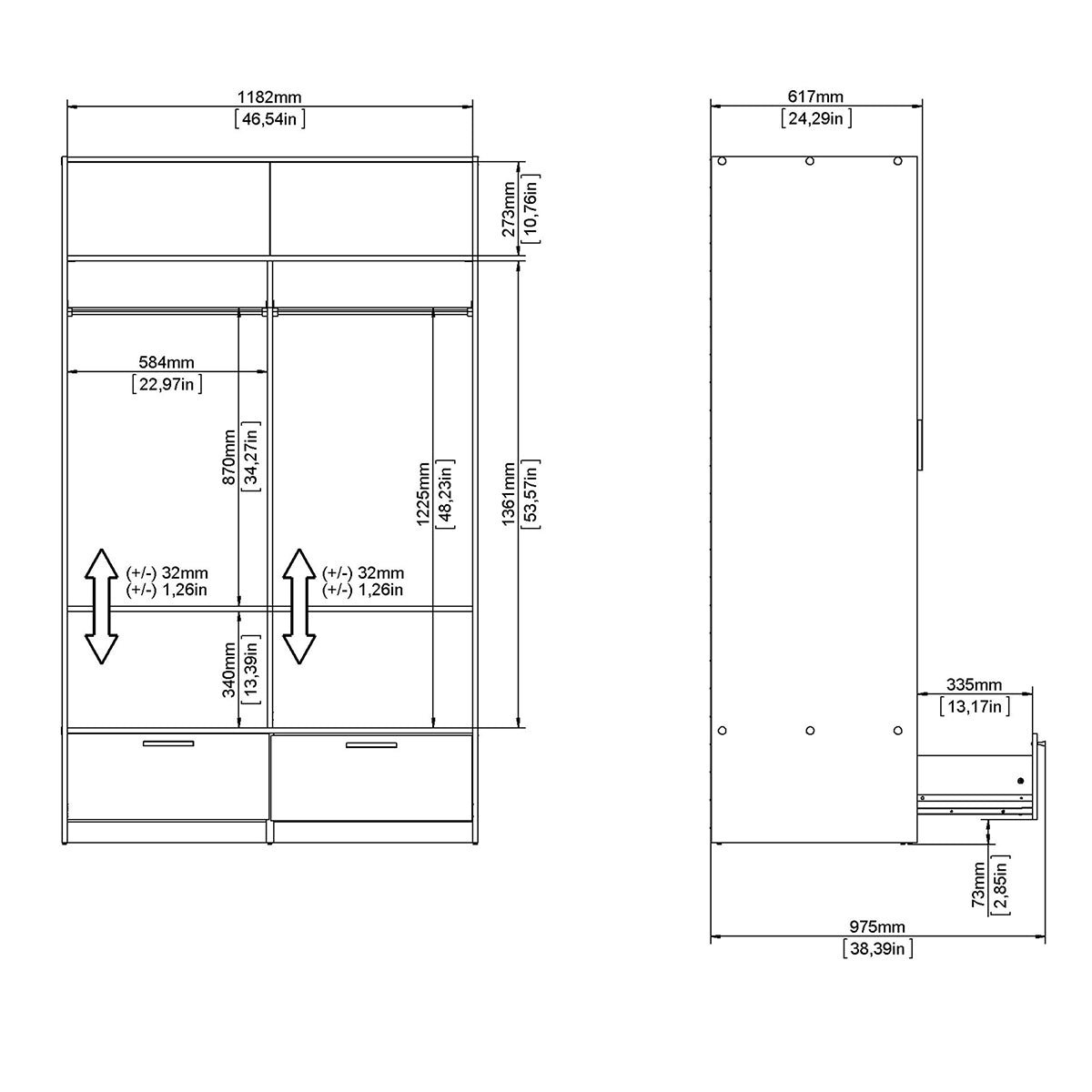 Wooden Wardrobe With 2 Sliding Doors And 2 Drawers - Line