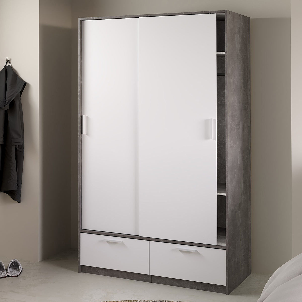 Wooden Wardrobe With 2 Sliding Doors And 2 Drawers - Line